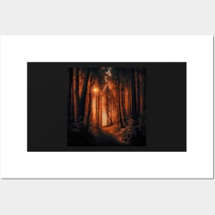 Abstract art of orange forest lit with winter sunlight Posters and Art